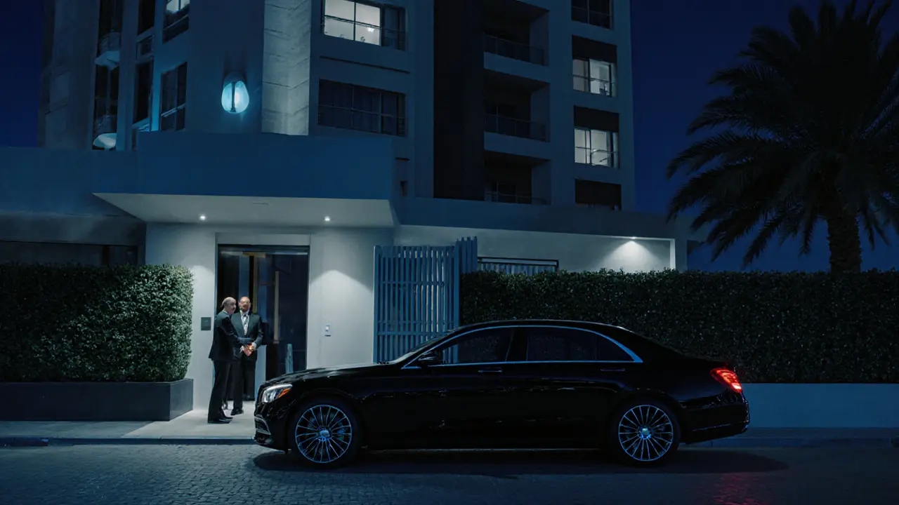 A discreet entrance to an exclusive wellness studio in Dubai Marina, hidden behind greenery and a gated courtyard.