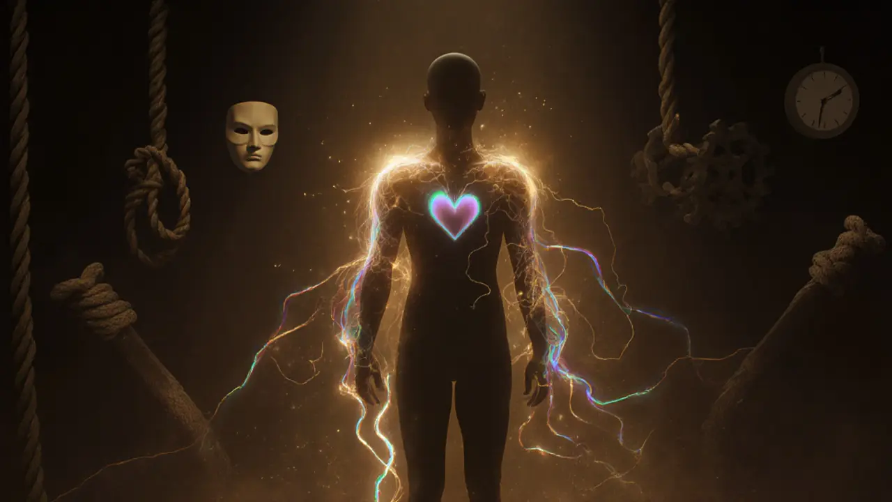 A glowing human silhouette releases golden energy threads into the air, symbolizing emotional release and freedom from tension.