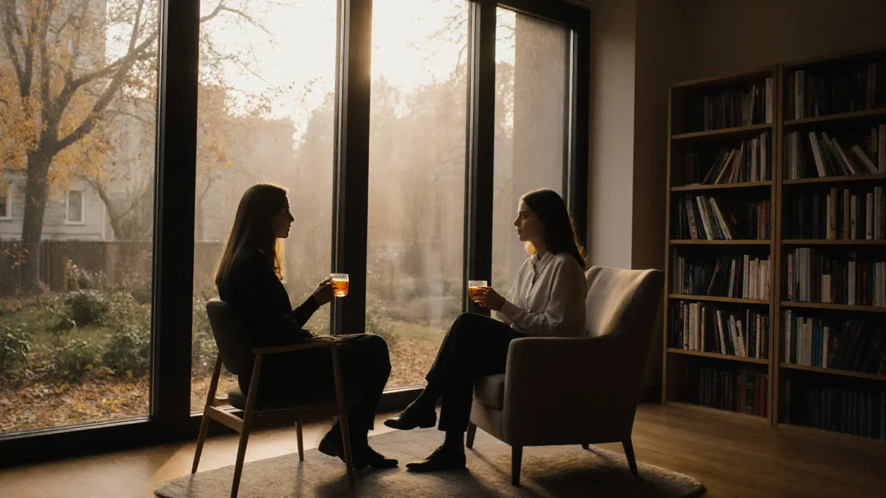 A therapist and client sit quietly together in a cozy wellness studio, sipping tea amid books on bodywork and mindfulness.