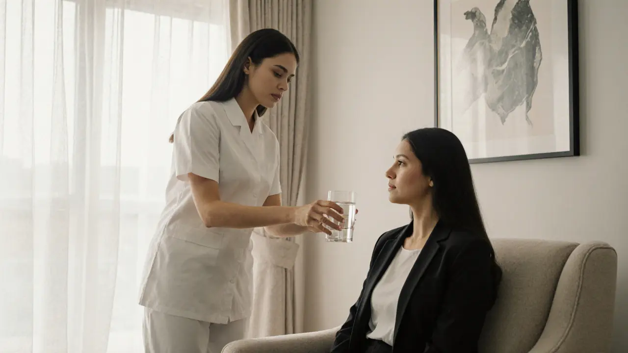 A therapist offering water to a client after a session in a calm, private space with natural light.