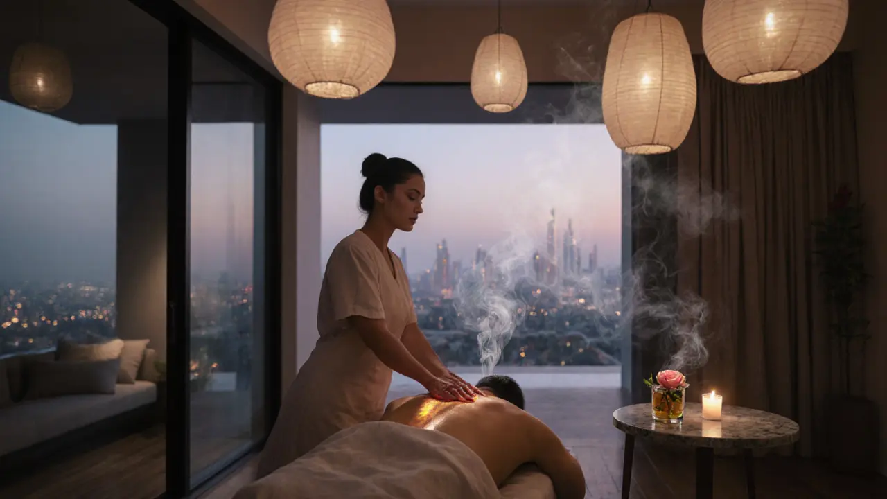 A therapist performing a gentle massage with warm oil in a serene villa, surrounded by soft lantern light and incense smoke.
