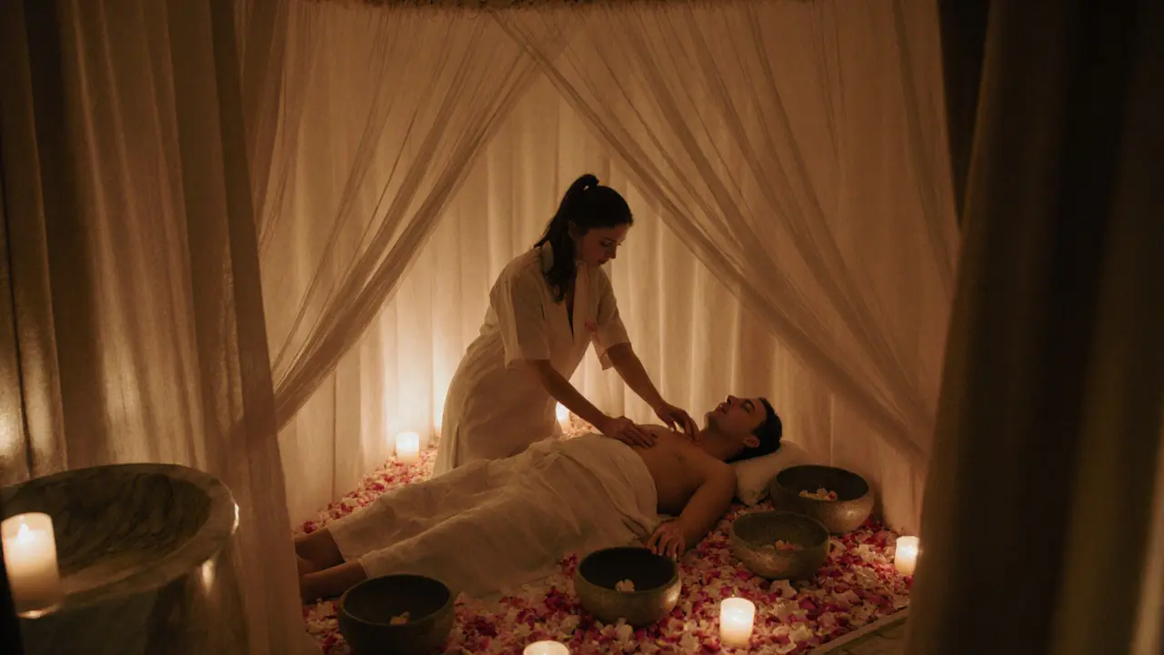 A tranquil retreat room with candles, petals, and a therapist performing energy work beside a resting client.