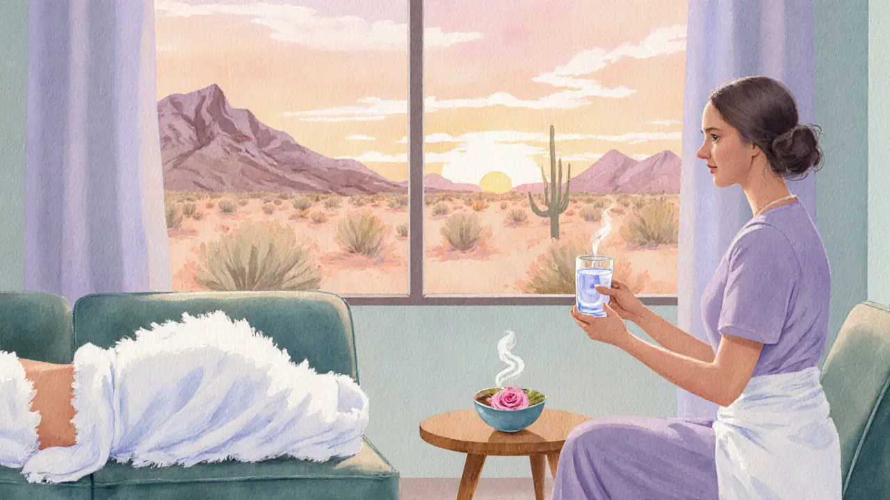 Aftercare scene with client sipping water, wrapped in towel beside therapist.