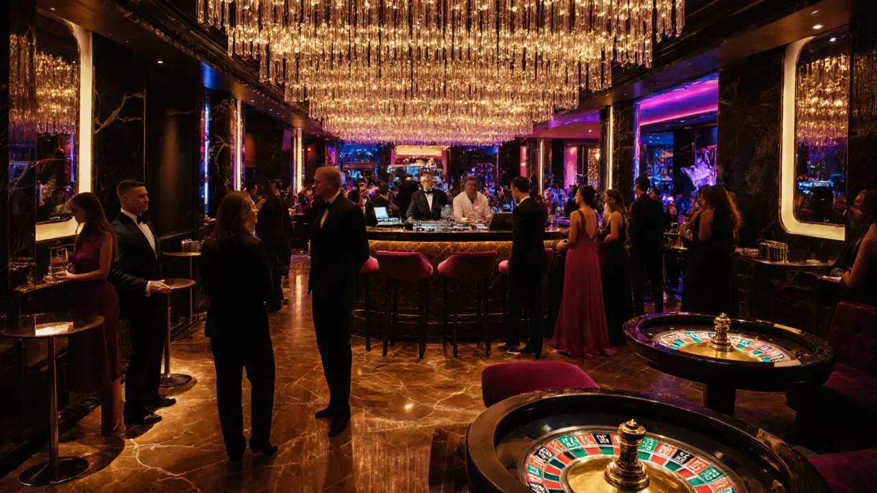 Black‑tie crowd dancing under chandeliers in Jimmy'z Club's casino‑integrated interior.