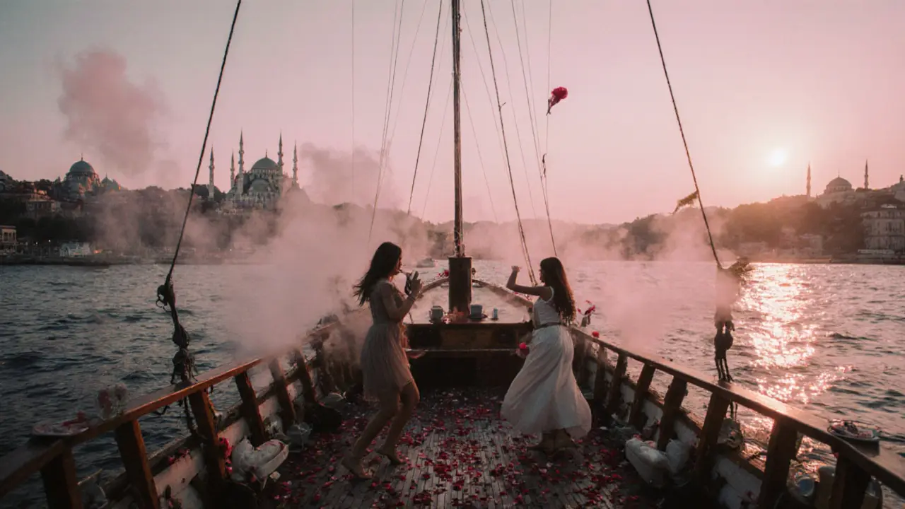 Boat party on the Bosphorus at sunrise with dancers and rose petals on water.