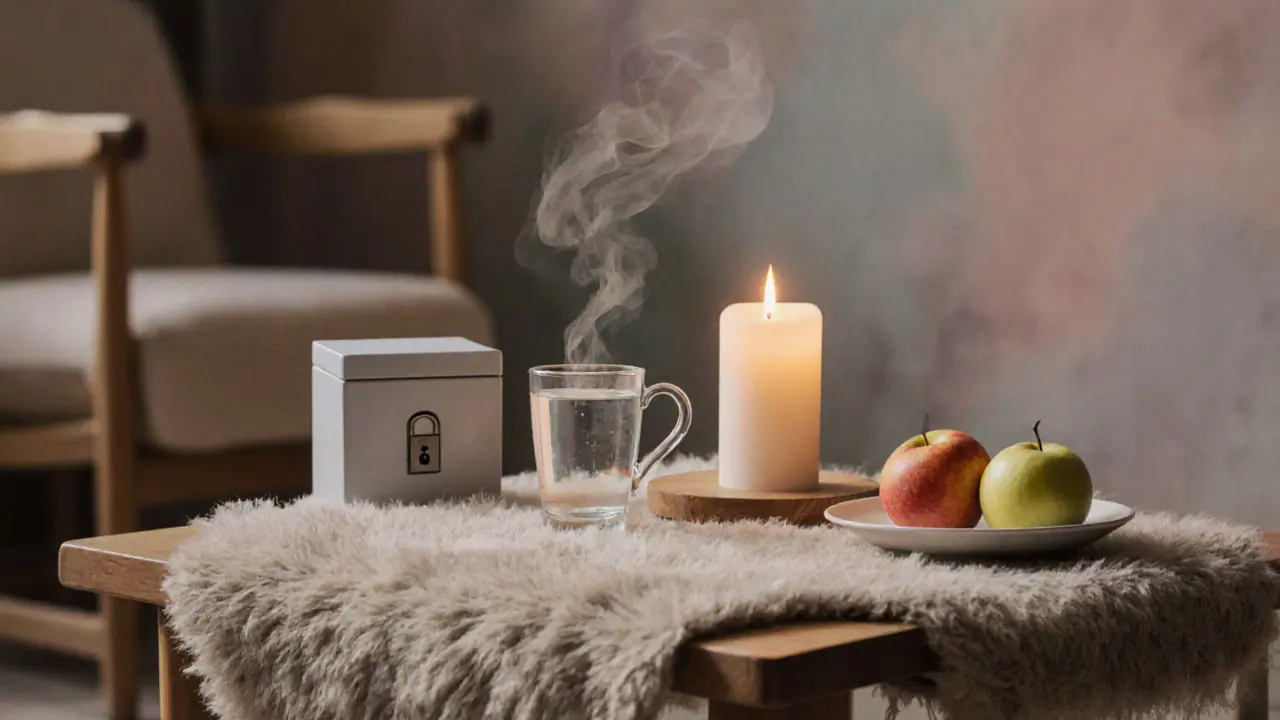 Calm after‑care lounge with water glass, tea cup, and soft lighting.