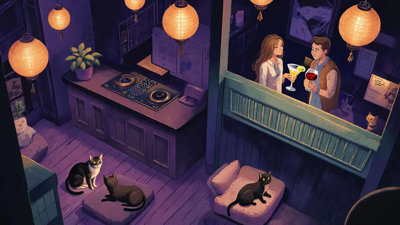 Cat café interior with dim lights, cats lounging, and patrons drinking cocktails.