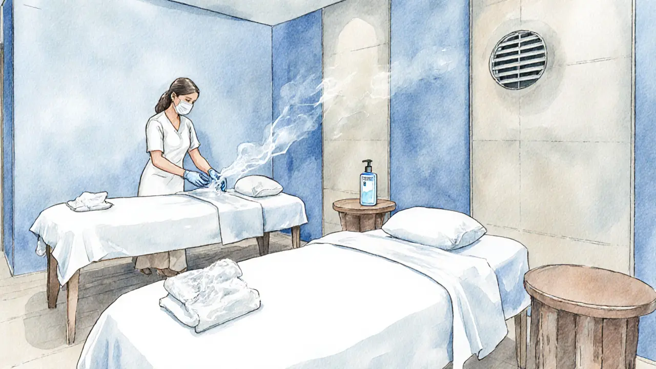 Clean spa room with fresh linens, disposable covers, and therapist wearing gloves.