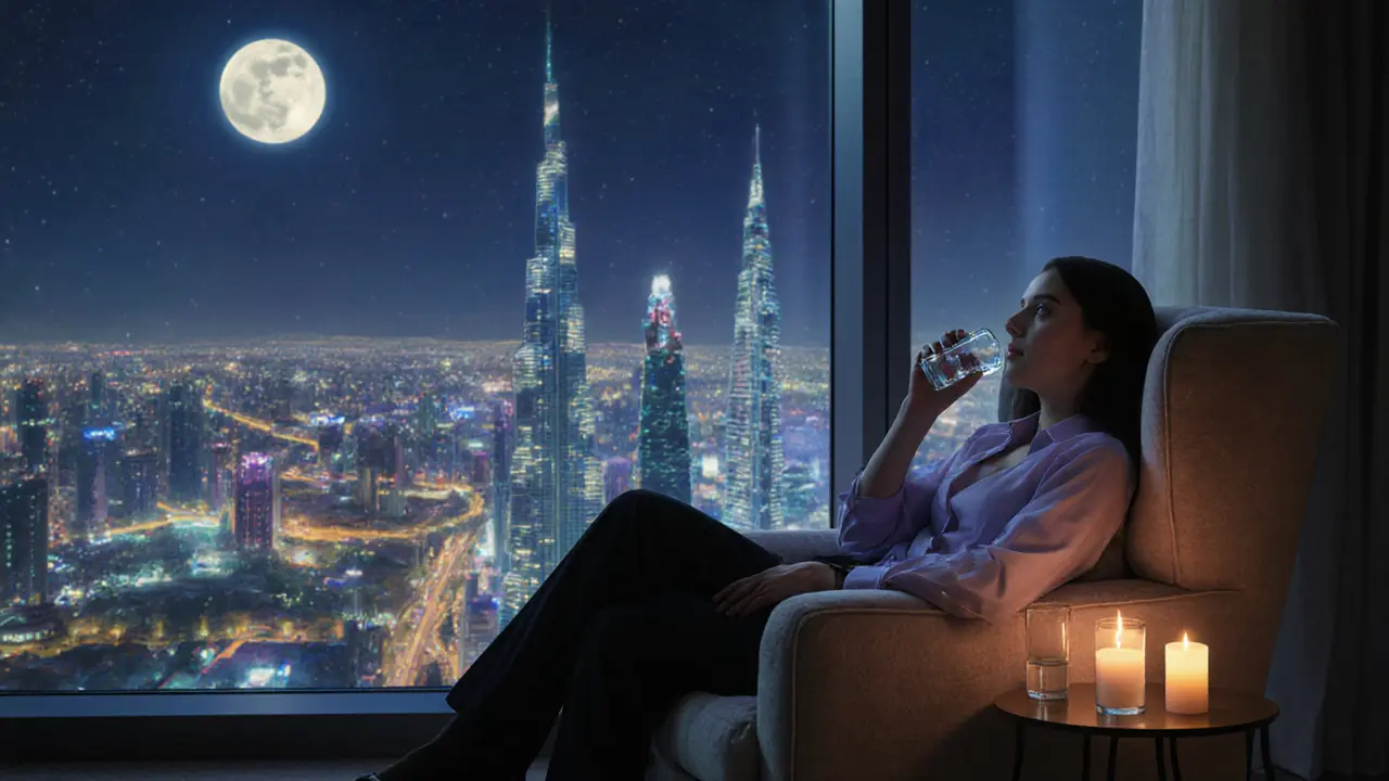 Client sipping water by a window with Dubai skyline at night after a session.