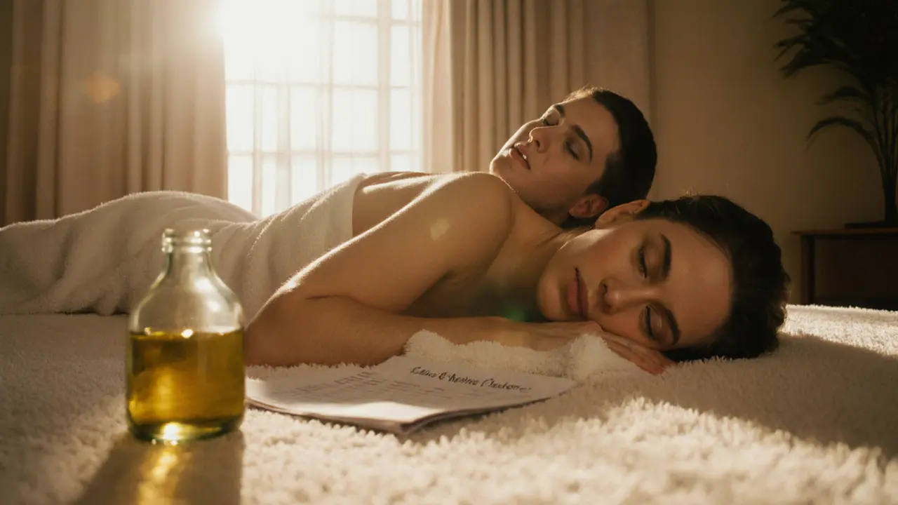 Couple lying together on towels in warm sunrise light, sharing a quiet after‑massage moment.