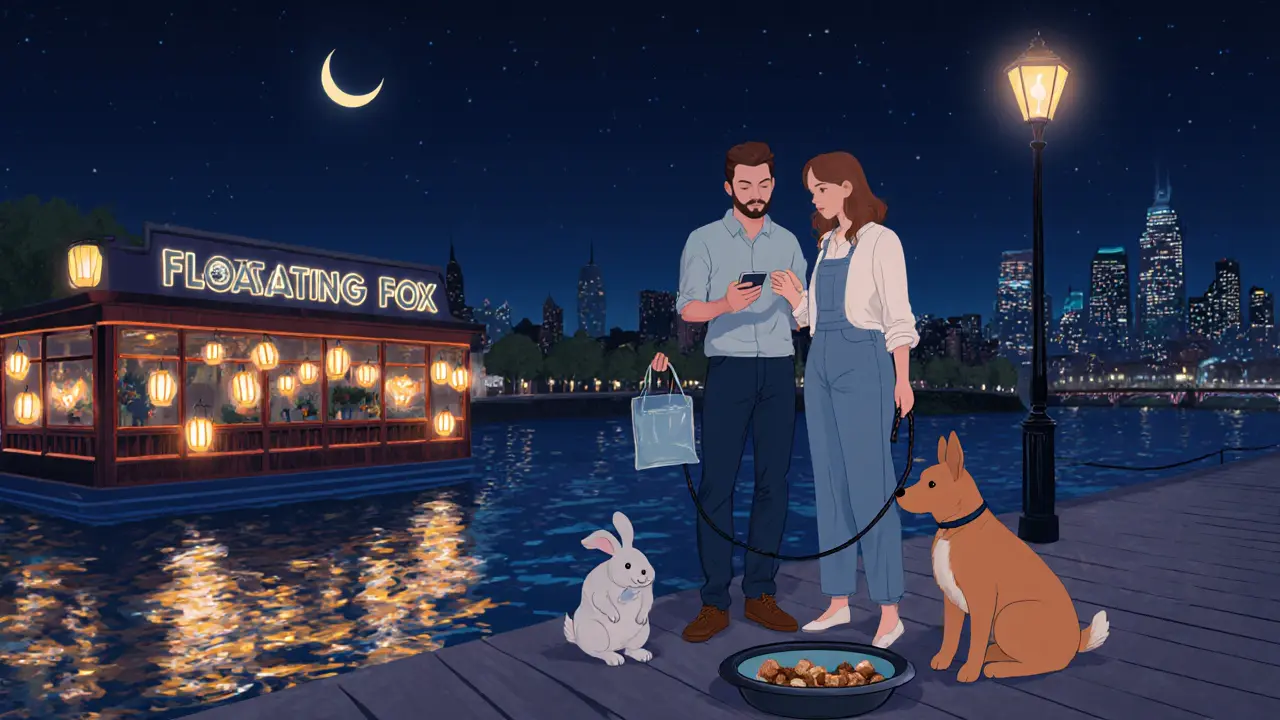 Couple on Thames pier with pet supplies, checking phone before heading to a bar.