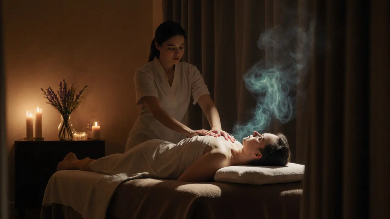 Couple receiving a gentle, candlelit massage with aromatic vapor.