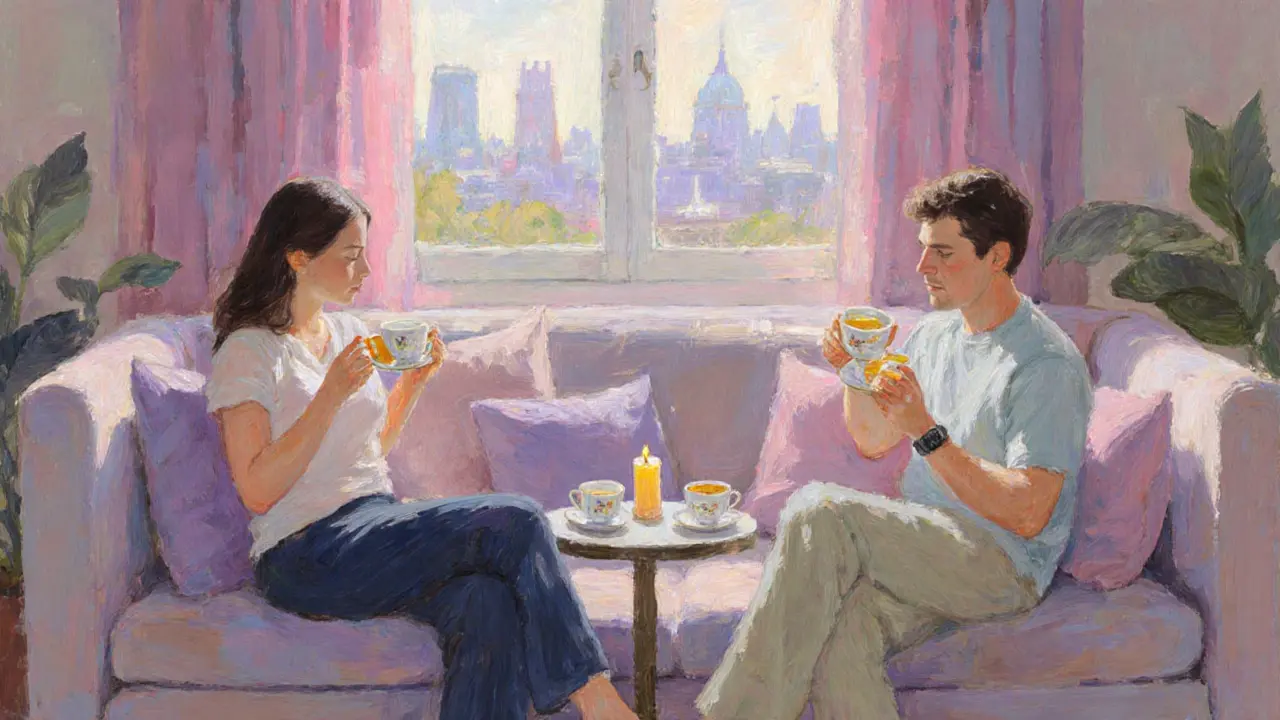 Couple relaxing on a sofa, drinking tea in a pastel‑toned lounge.