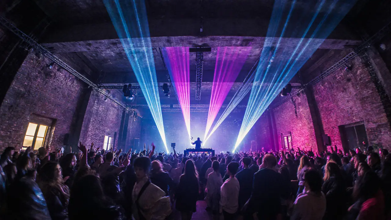 Crowd dancing under lasers in a massive industrial nightclub.