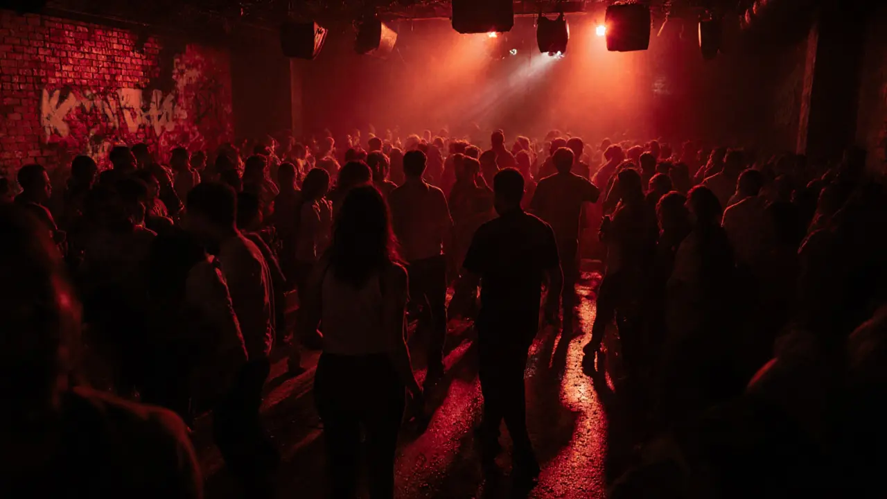 Crowd dancing under red lights in Kuleli's underground warehouse club at 3 AM.
