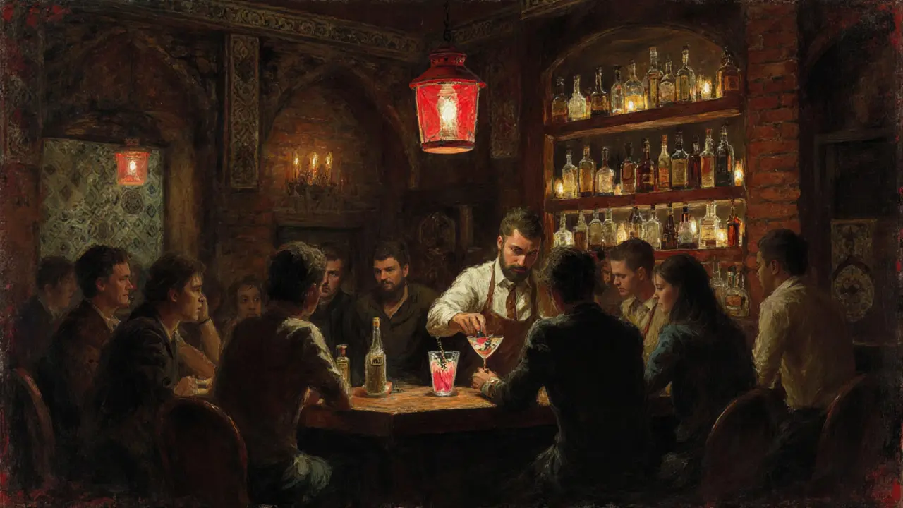 Dimly lit hidden bar in Karaköy with red lantern and unlabeled bottles.