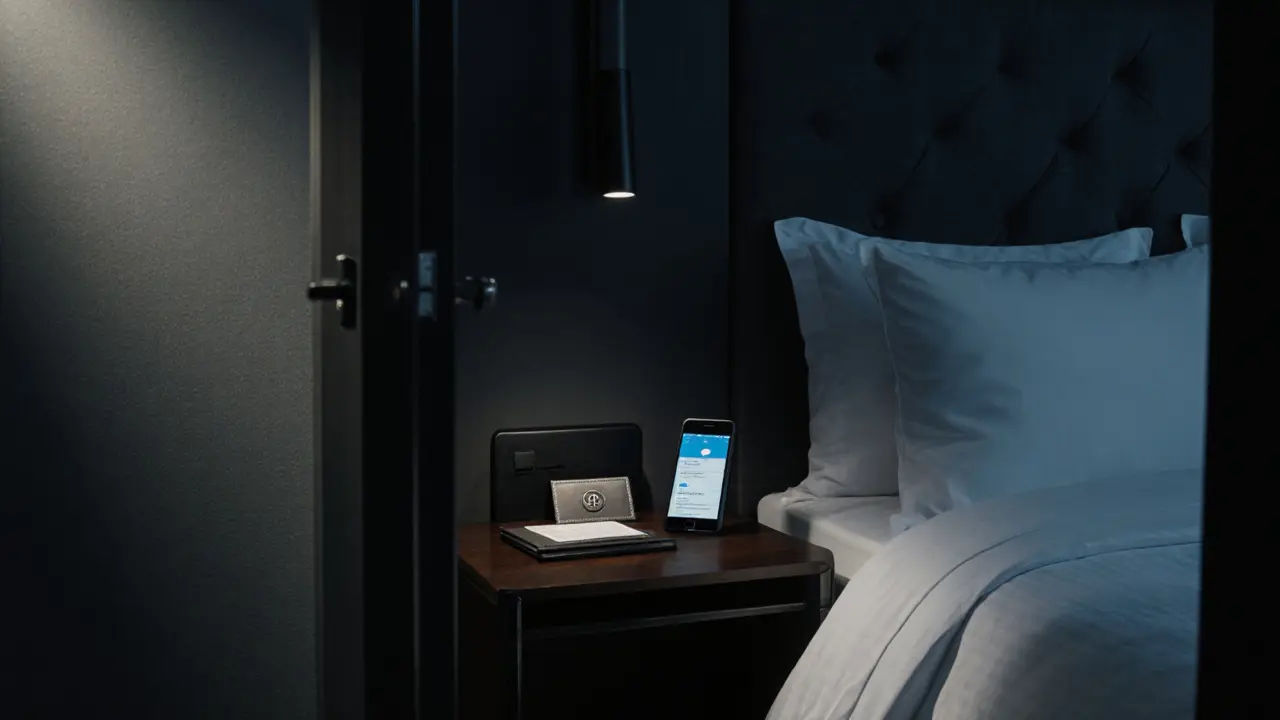 Dimly lit private suite interior showing encrypted phone, NDA, and crypto symbol.
