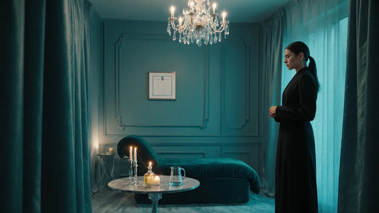 Elegant studio interior with teal lighting, silk drapes, and candles.