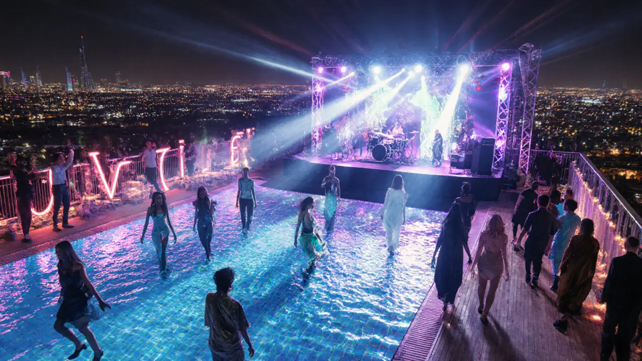 Futuristic pop‑up rooftop club with lasers and transformed pool at night.