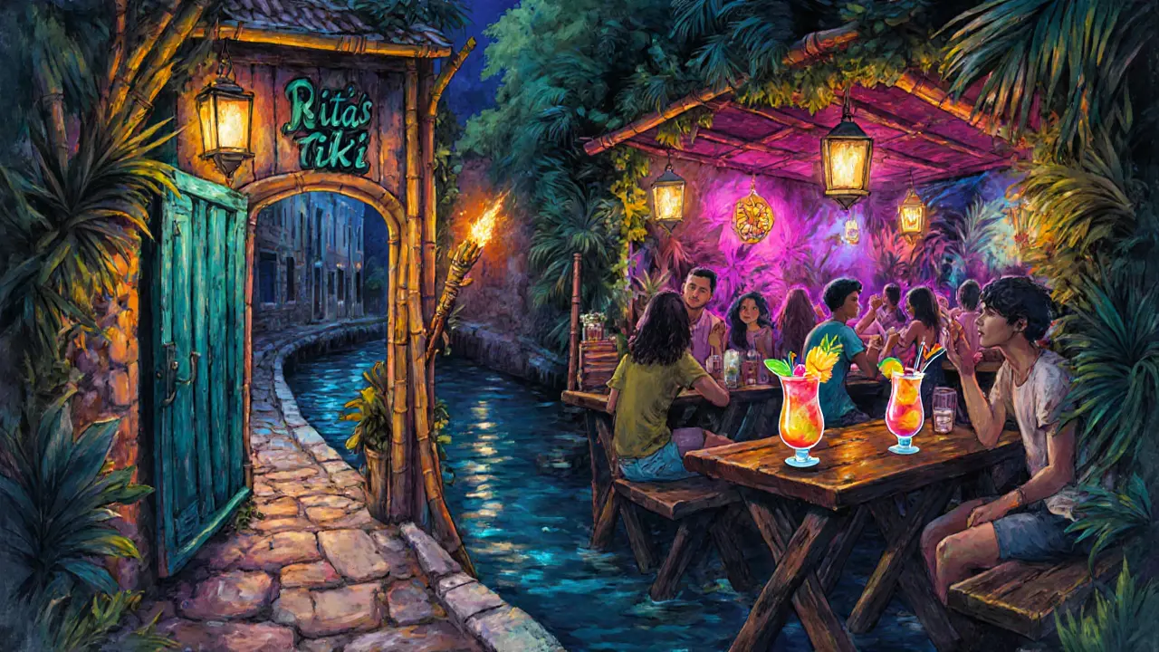 Inside a canal-side tiki bar with colorful cocktails and reggae vibe.