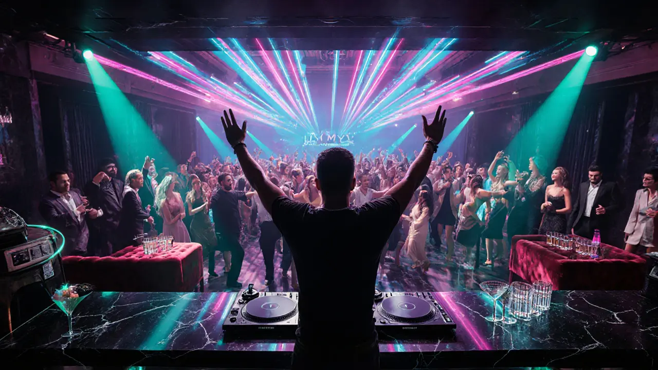 Inside Jimmy'z nightclub with DJ, dancing crowd and colorful lights.