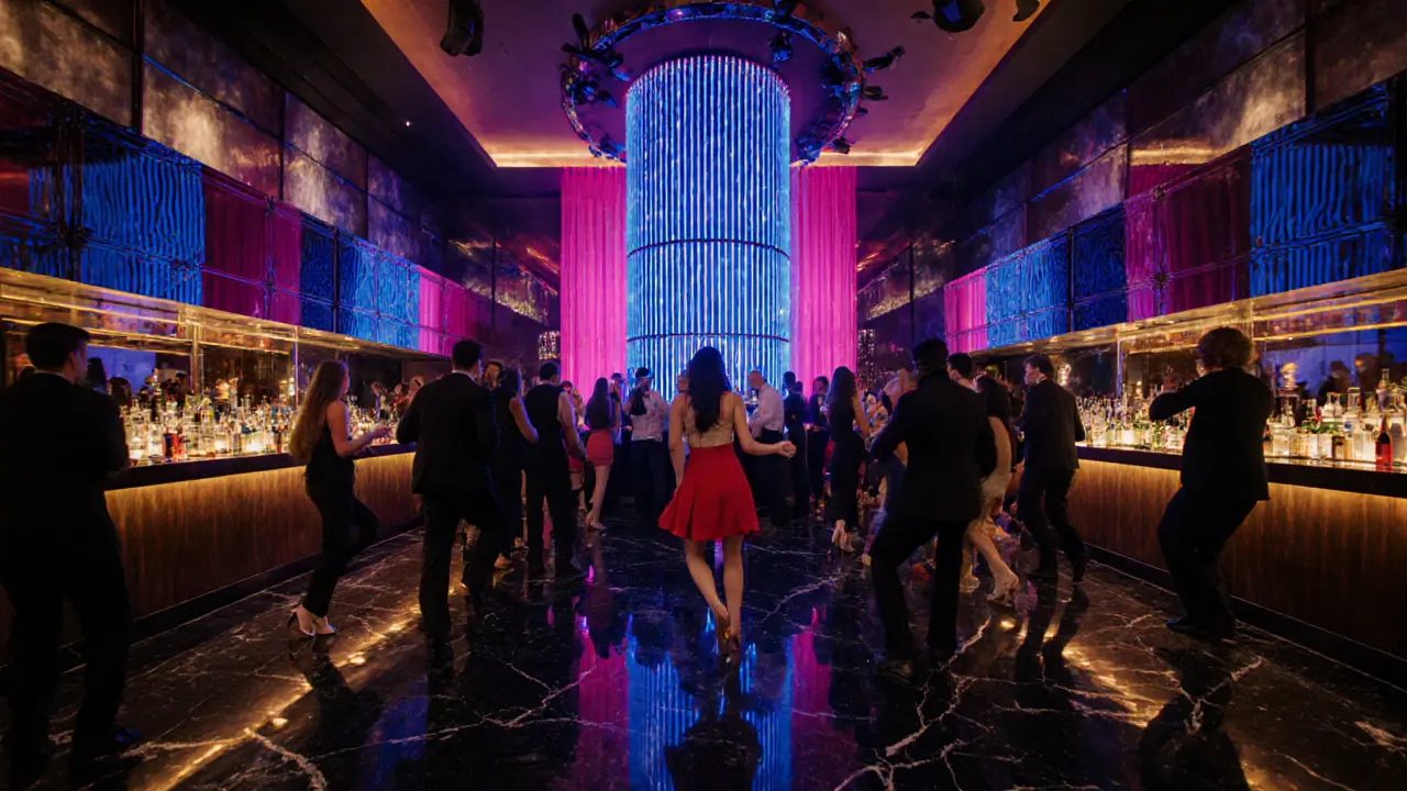 Inside Jimmy'z nightclub with neon lights, sleek bar, and stylish patrons dancing.