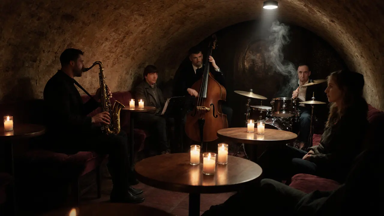 Intimate vaulted jazz club scene with candlelit tables and musicians performing.
