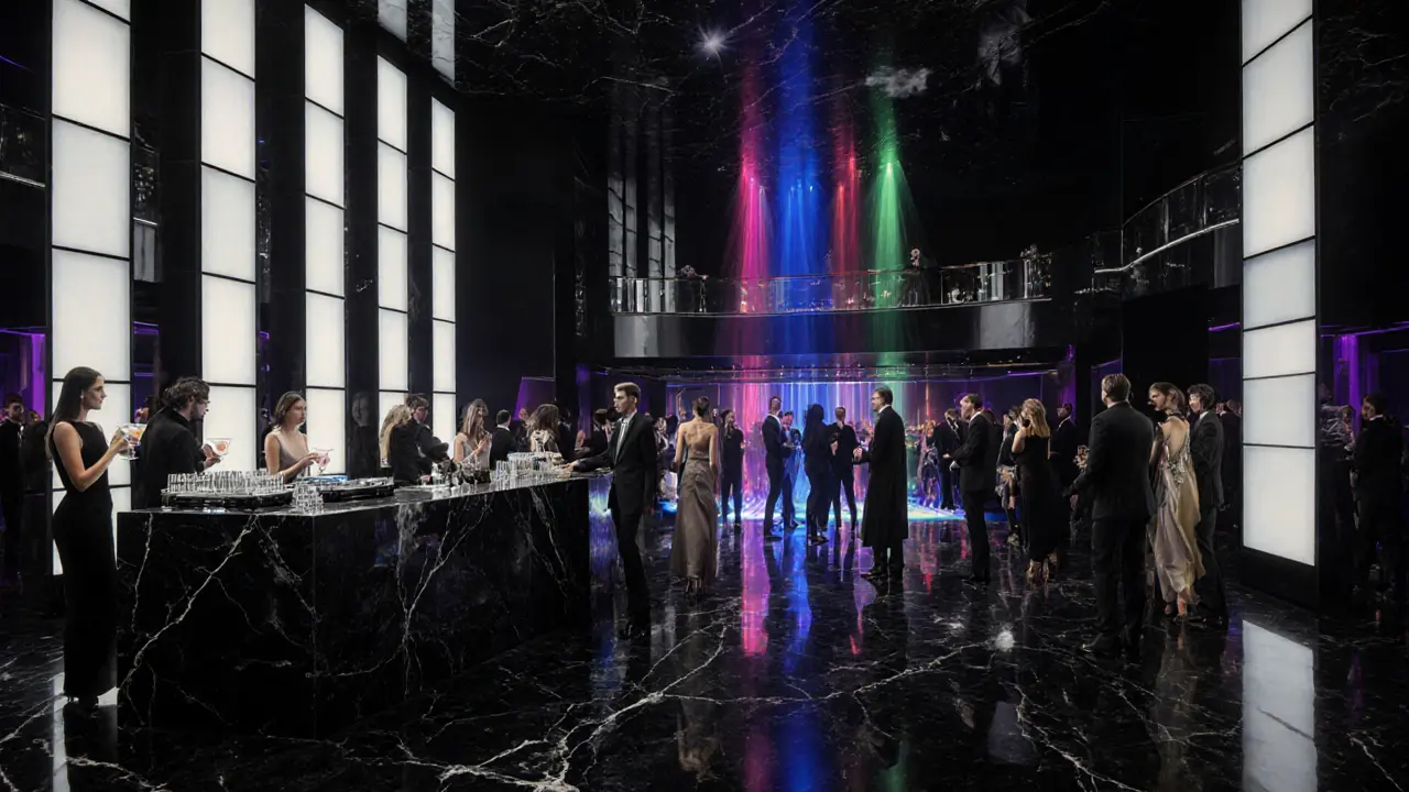 Luxurious Armani/Privé club interior with LED lighting, fashionable crowd, and dancing.