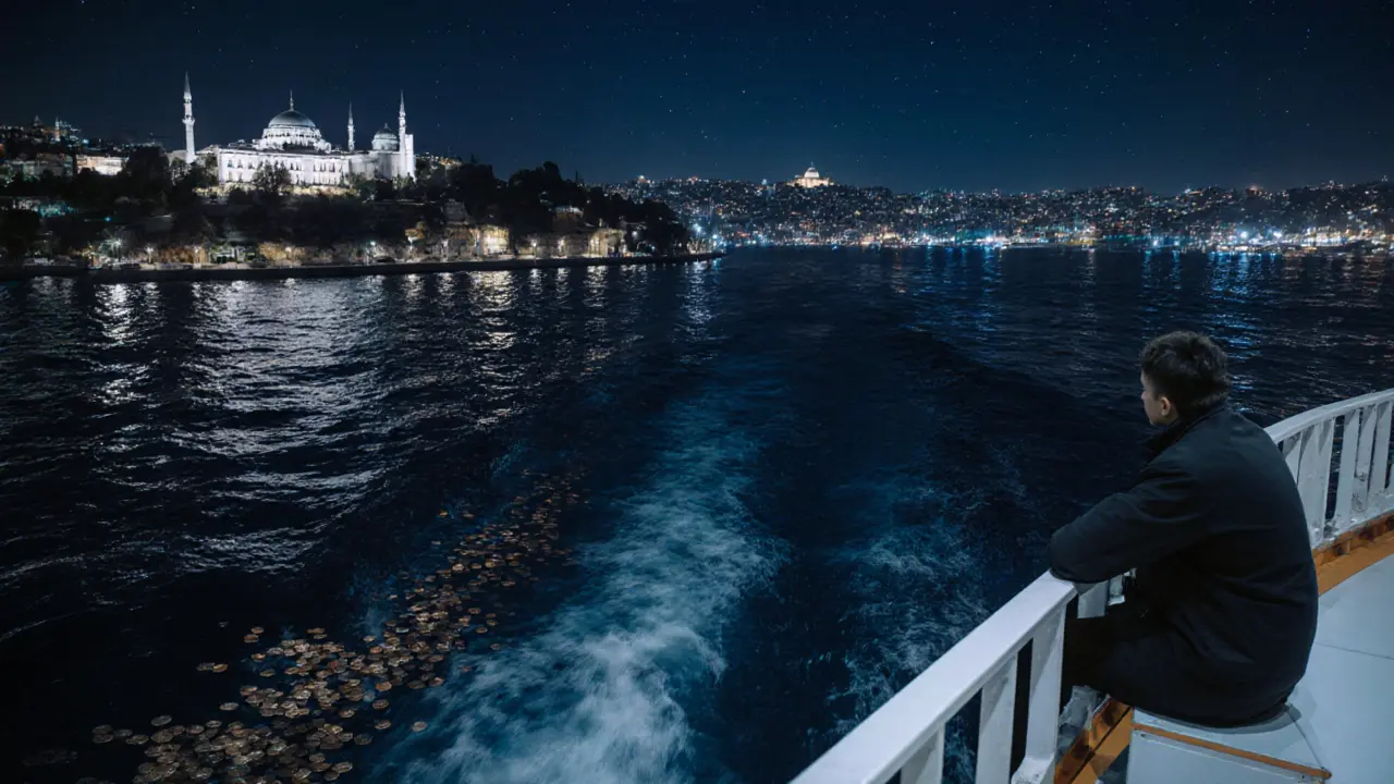 Midnight ferry crossing the Bosphorus with illuminated palaces and bridges reflected on calm water.