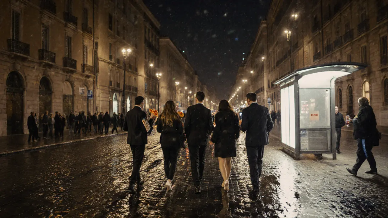 Night street in Porta Romana with people heading to a night bus, rain‑slick cobblestones.