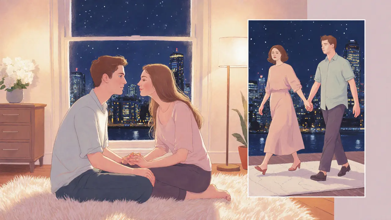 Pastel illustration of a couple doing eye‑gazing and gentle touch at home with a London night view outside.