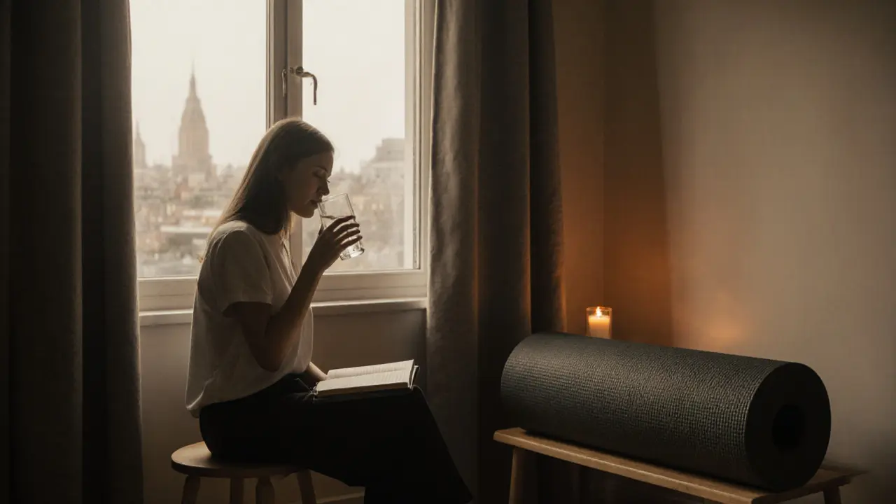 Person after a session sipping water, journaling, with yoga mat and candle in a soft-lit room.