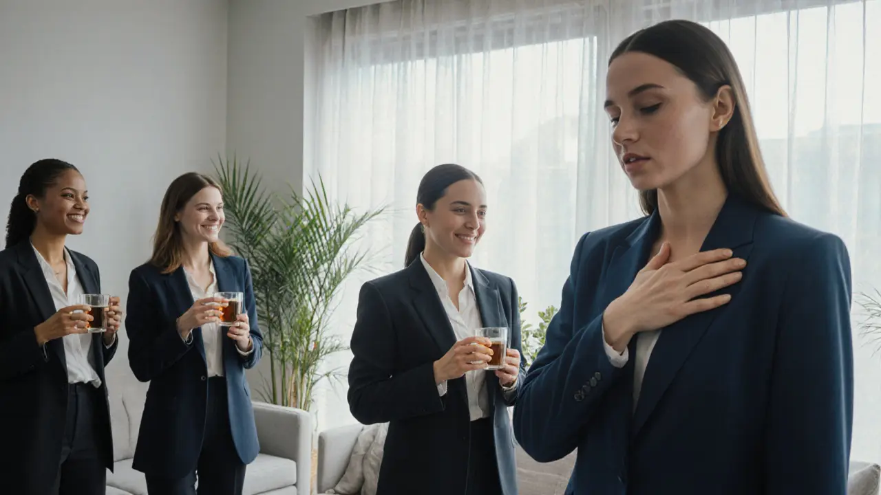 Professionals relaxing in a calm lounge after a wellness session, sipping tea and breathing deeply.