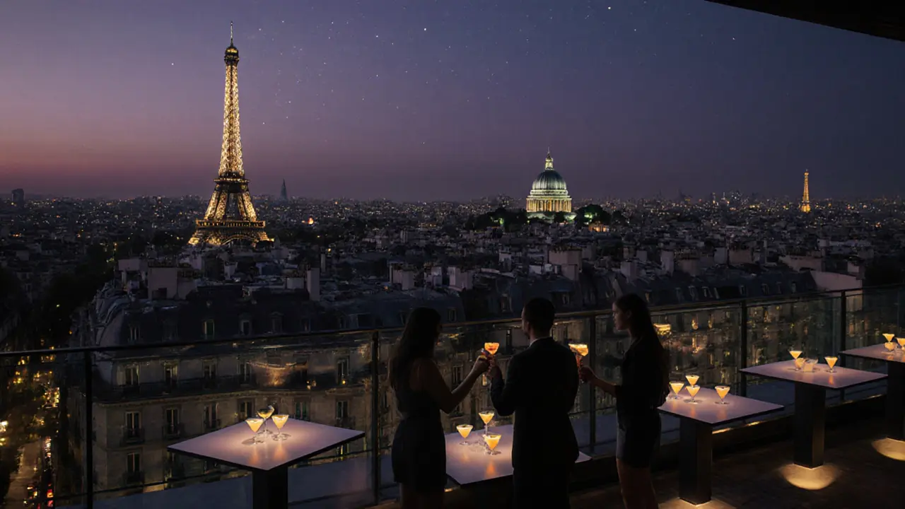 Rooftop bar at night with city skyline, glowing cocktails, and friends toasting.