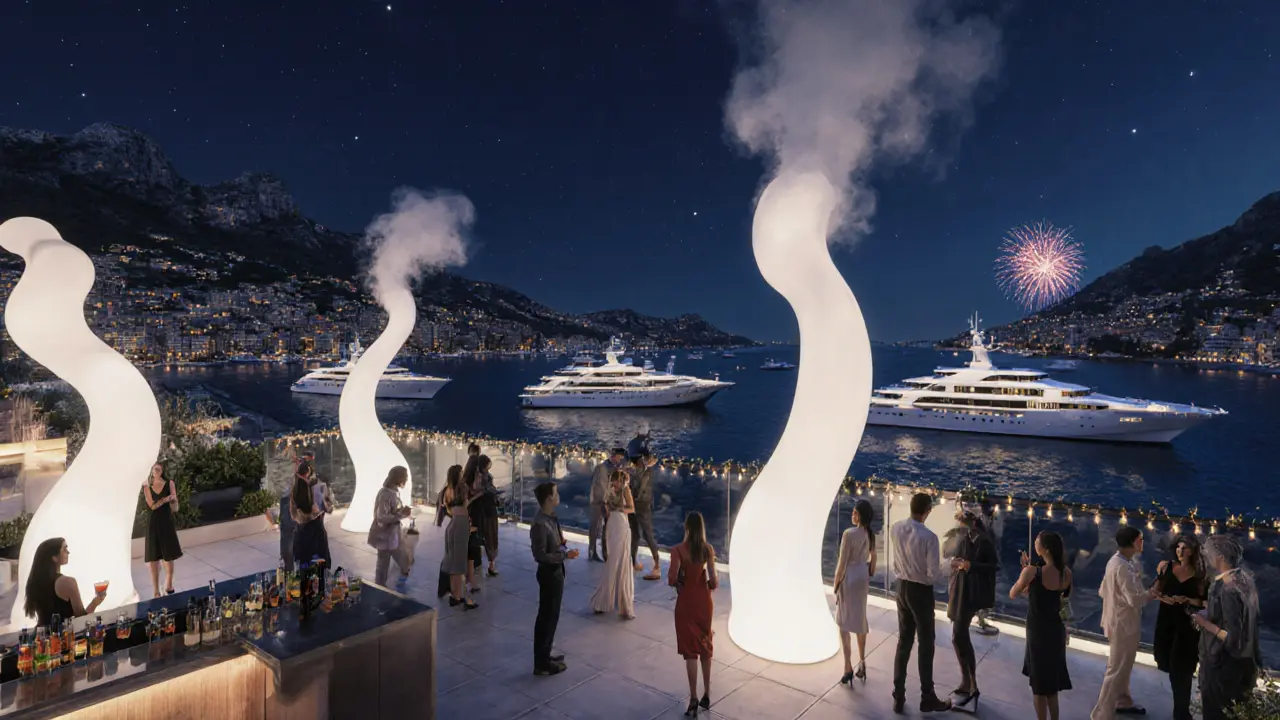 Rooftop party at Sass Café with stylish guests, art installations, and harbor view at night.