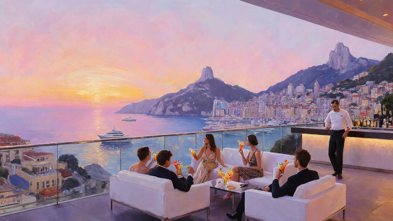 Rooftop terrace at sunrise overlooking Monaco with people sipping cocktails.