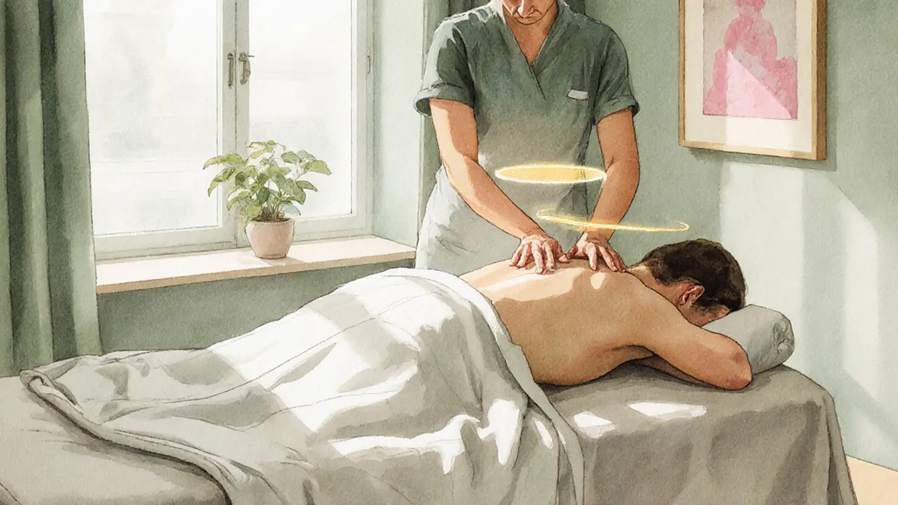 Spa room with a client draped on a table receiving gentle touch, golden light halo around them.