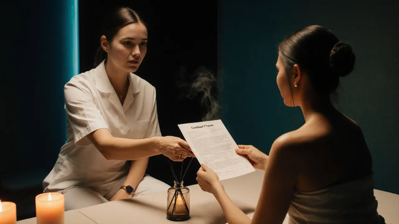 Therapist and client reviewing a consent form in a dimly lit spa room.