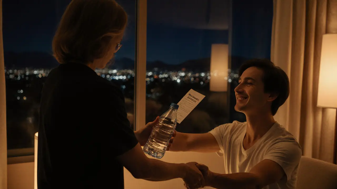 Therapist gives client water and discreet receipt after a massage session.