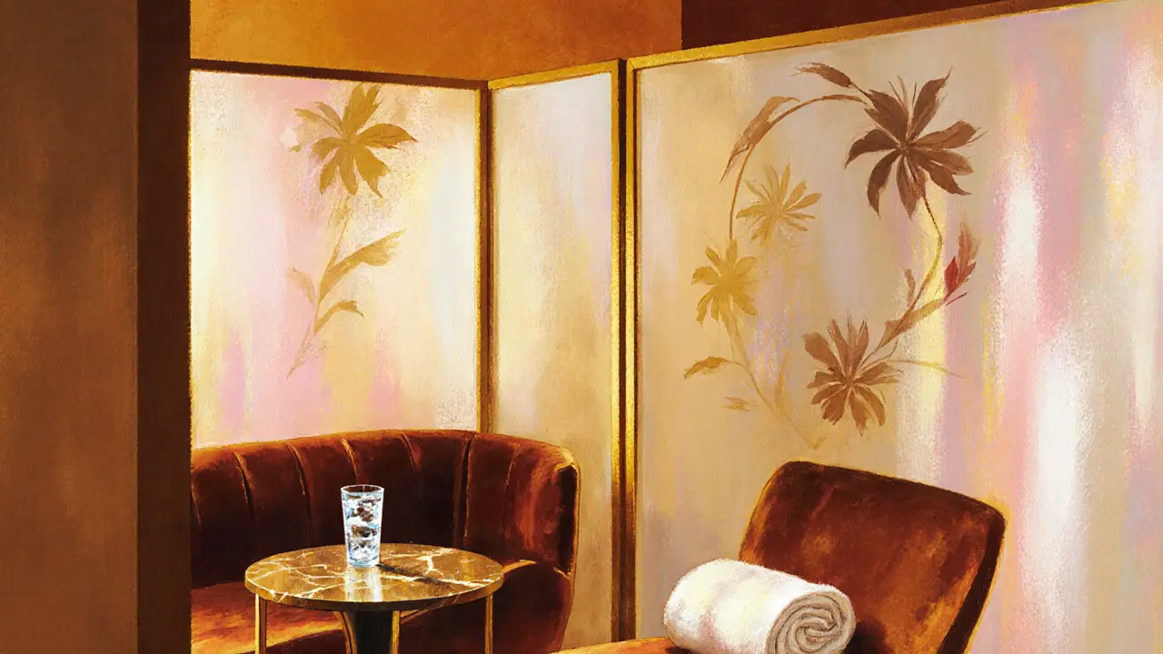 Warm lounge with towel, mineral water, and privacy screens after a discreet session.