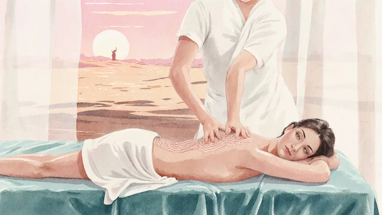 Watercolor of a Tantric Flow massage with gentle hand strokes and soft pastel colors.