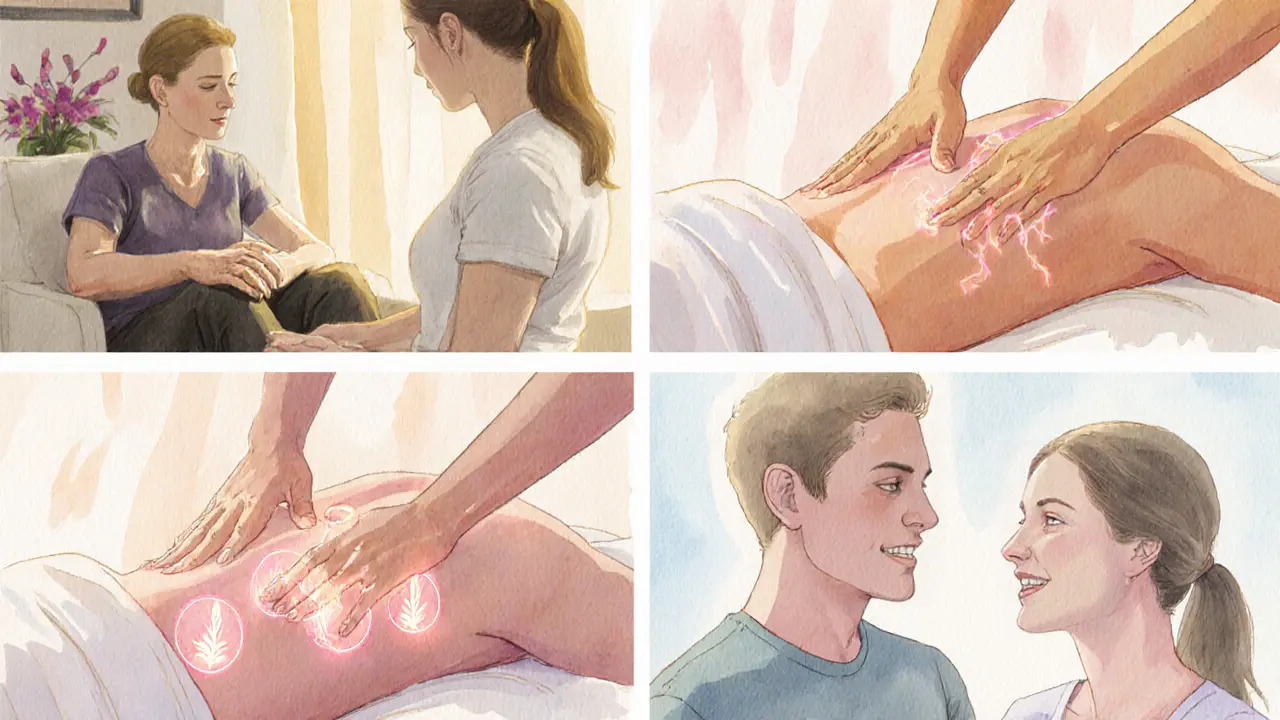 Watercolor scene showing a massage session's four phases: consultation, warm‑up, focused touch, and debrief.