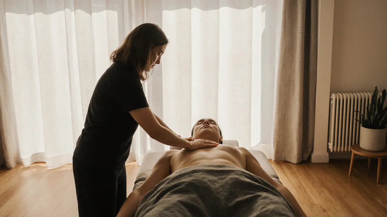 A calm wellness session in Berlin with therapist and client engaged in mindful, non-sexual touch.