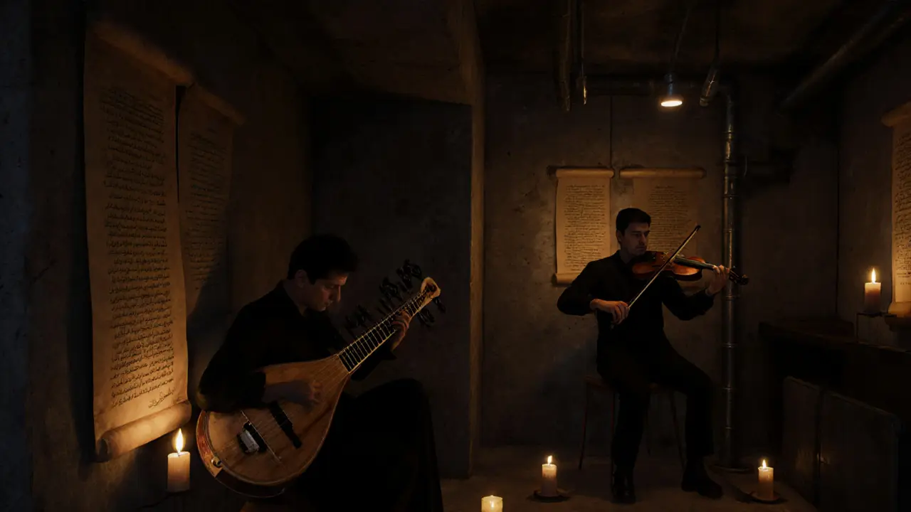 A candlelit underground jazz lounge with oud and violin music in a concrete art space.