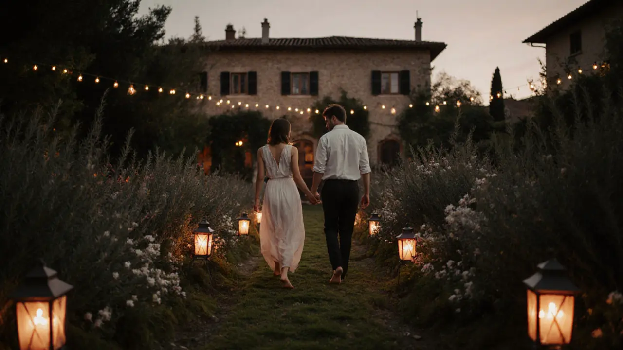 A couple walks barefoot through a fragrant garden at dusk, lanterns glowing among rosemary and jasmine, holding hands in quiet connection.
