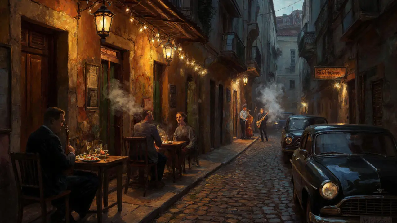 A cozy alley with lantern-lit tables, people drinking raki and listening to live folk music in Istanbul.