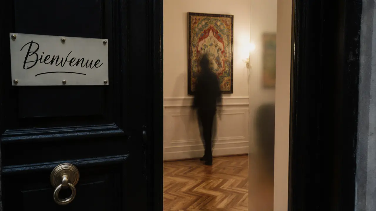 A discreet Parisian apartment doorway at twilight with a handwritten 'Bienvenue' sign and warm interior glow.