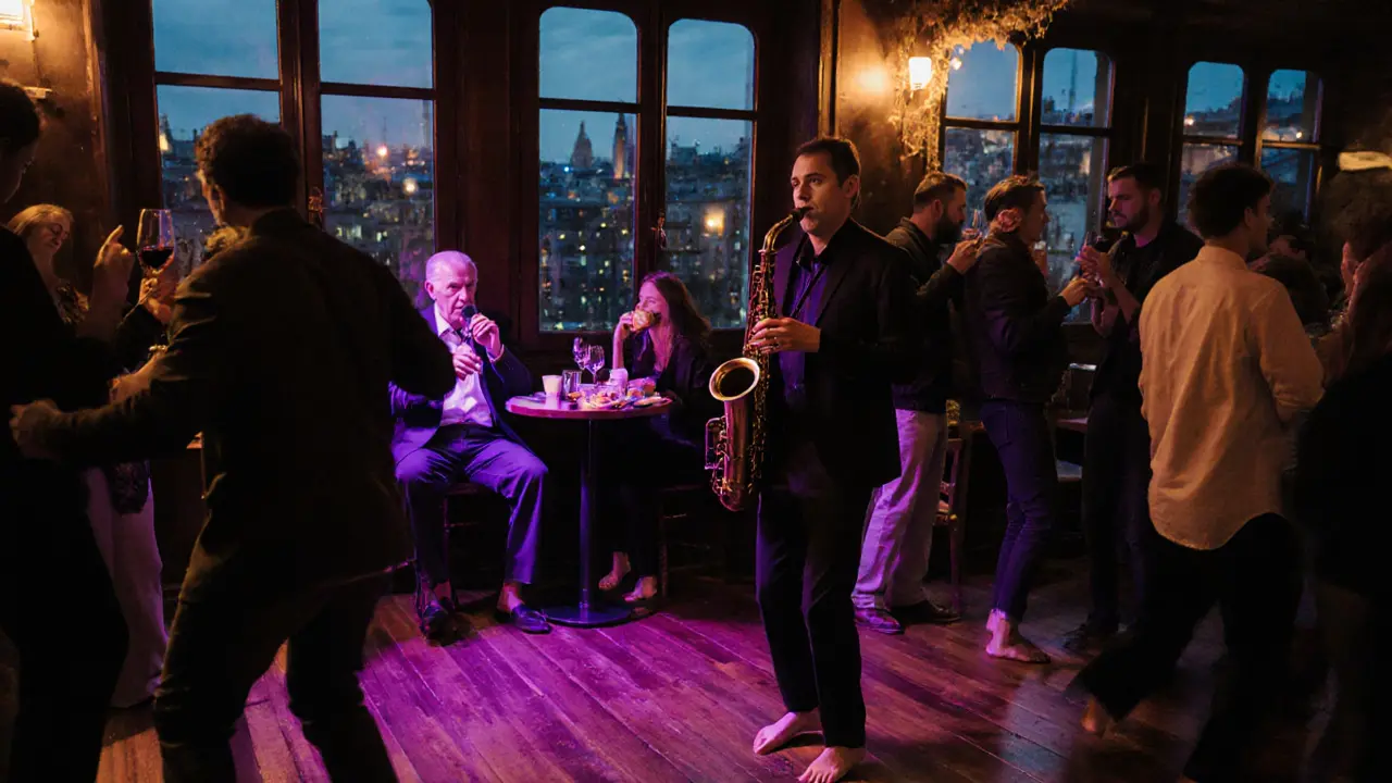 A diverse crowd dances at a late-night Paris venue, with a saxophonist on stage and patrons mingling under soft lights.