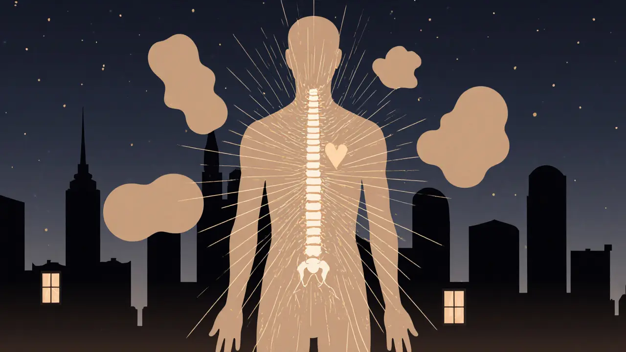 A human silhouette with glowing energy lines, symbolizing emotional release against Abu Dhabi's night skyline.