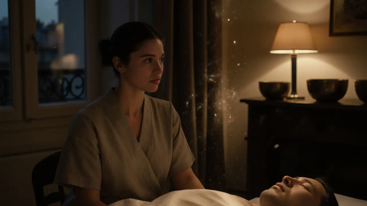 A masseuse and client sit in quiet stillness, draped in silk, with Tibetan bowls glowing softly in a dim Parisian apartment.